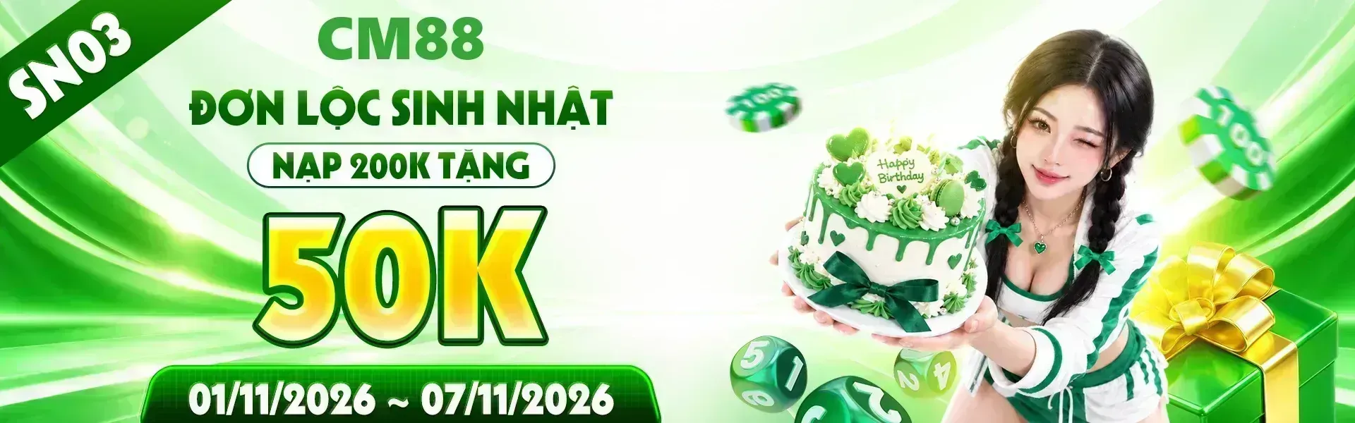 3. Dịp sinh nhật CM88 quy tụ nhiều phần quà đặc biệt dành cho cộng đồng hội viên. Đăng ký tài khoản ngay hôm nay để khám phá chương trình và các phần thưởng.